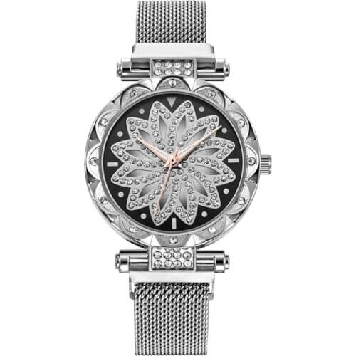 Luxury Brand Women Watches Fashion New Design Rotate Watch Clock Mesh Strap Magnet Buckle Ladies Quartz Wristwatch Clock Gift533