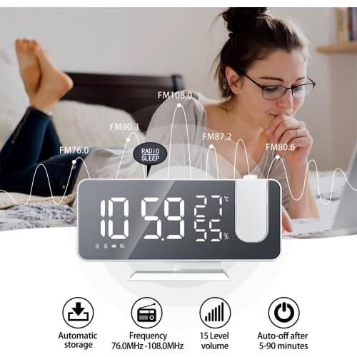 3 Color LED Digital Alarm Clock Multifunctional Radio Projection With Temperature and Humidity Bedside Time Display Alarm Mirror