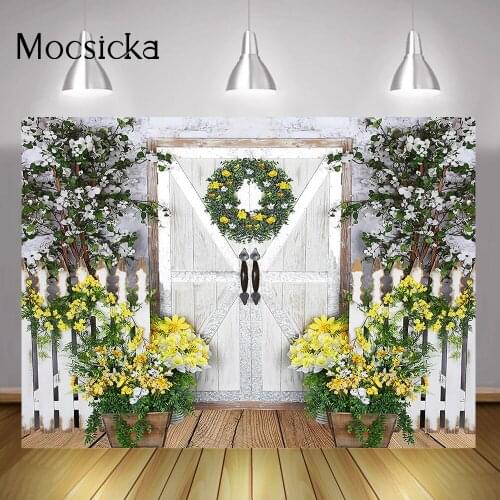 White Retro Door Portrait Photography Backdrop Photo Studio Spring Garden Flower Birthday Art Background Wedding Photocall Boda
