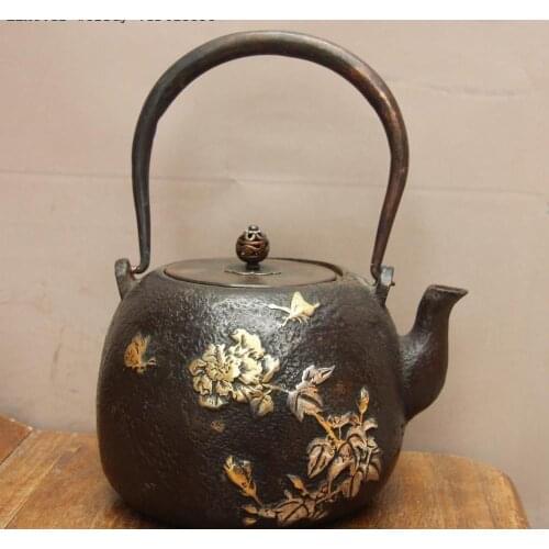Jepan Iron Silver Gilt Peony Flower Butterfly Water Bottle TeaPot Teakettle Pot