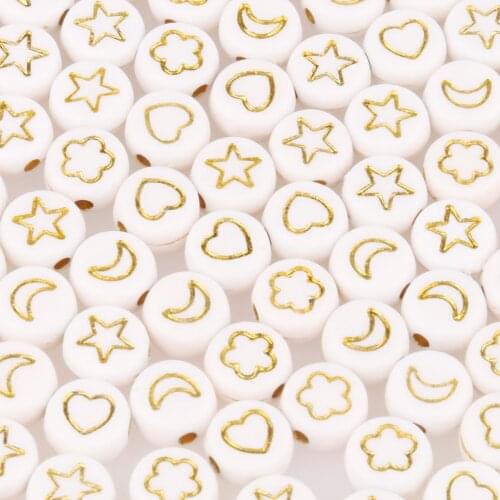 Wholesale 7mm White and Gold Round Flat Acrylic Beads Flower Star Moon Heart Loose Spacer Beads For Diy Jewelry Making Supplies