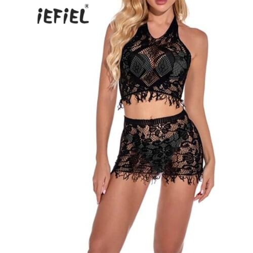 Summer Womens See-through Mesh Fringed Lingerie Set Fashion Sexy Hollow Out Underwear Sleeveless Backless Crop Tops with Skirts