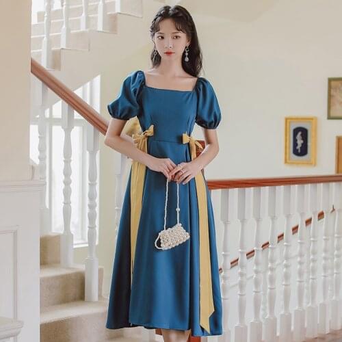 French Retro Gentle Style First Love Princess Dress Bowknot Cute Vestido Blue Temperament Square Neck Fairy Dress