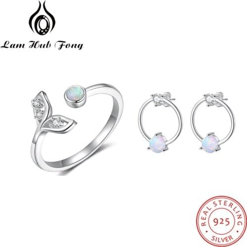 Genuine 925 Sterling Silver Jewelry Sets for Women Cute Fish Tail Mermaid Rings Stud Earrings Sets Opal Jewelry (Lam Hub Fong)