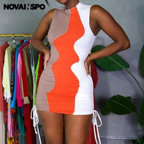 NOVAINSPO Ruching Drawstring Summer 2021 Dress For Women Patchwork Nightclub Baddie Style Fashion Bodycon Tank Dresses Partywear