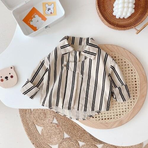 Autumn Childrens Long Sleeve Lapel Collar Vertical Print Boys Shirts Tops Casual Girls Kids Cardigans Outerwear