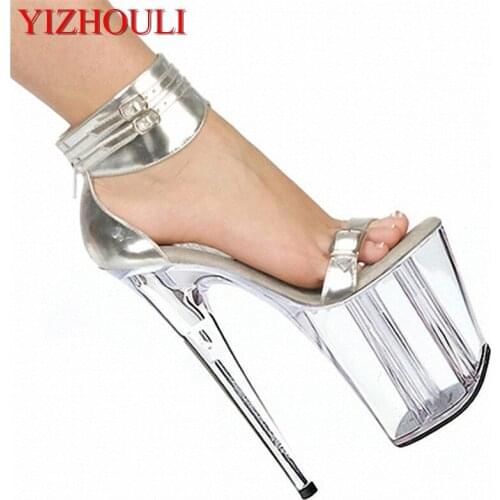 Hot-selling womens 2018 summer shoes transparent platform thin heels shoes crystal silver high heels Dance Shoes 20cm