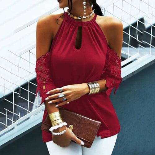 2021 Autumn Women Sexy Off Shoulder Halter Solid Blouses Elegant Embroidery Hollow Out 3/4 Sleeve Shirts Summer Lady Casual Tops