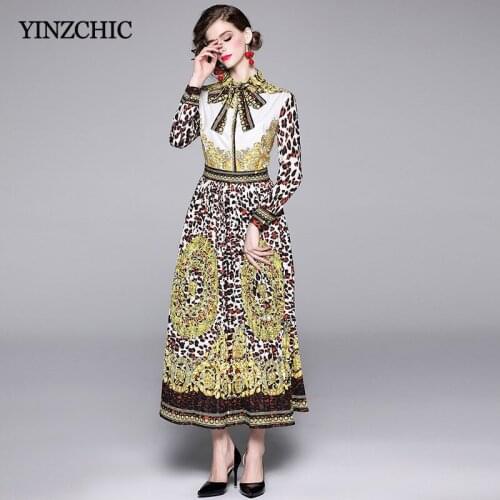 Vintage Printed Woman Pleated Dress Floral Leopard Print Female Elegant Long Dresses Ladies Party Dress Autumn New