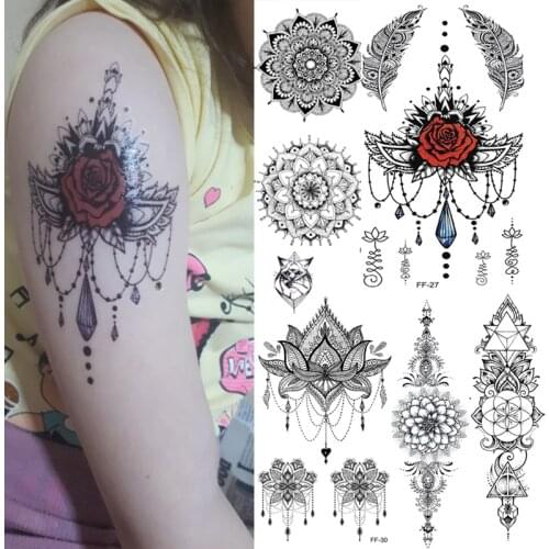 Mandala Flower Temporary Tattoo Sticker DIY Waterproof Black Large Flower Body Art Water Transfer Women Fake Tattoos 1PCS