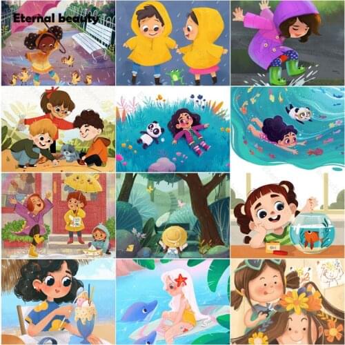 Diamond Painting Cross Stitch Kits Cartoon Cute Children In Raincoats Diamond Mosaic Goldfish Full Diamond Embroidery Sale Gift