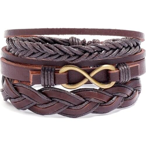 Infinity Brown Charm Link Alloy Handmade Woven Men Leather Bracelets Women Vintage Bangle Jewelry Male Accessories