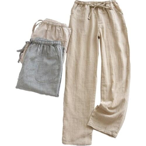 Spring Summer New Mens Sleep Bottom Comfort Gauze Cotton Solid Color Elastic Waist Pants Comfort Loose Casual Wear With Pocket