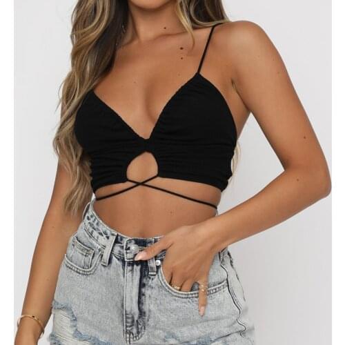 Women Solid Camisole Sexy Clubwear Spaghetti Strap V Neck Cross Tie-Up Crop Cami Tops Hollow Out Halter Ruched Crop Top