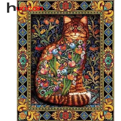 Huacan 5D Diamond Painting Full Square Cat Flower Set For Embroidery Cross Mosaic Animal DIY Beaded Pictures