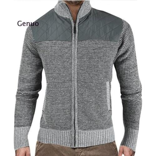 New Spliced Mens Cardigan Casual Solid Color Stand Collar Zipper Warm Thick Sweater Men Winter Fashion Loose Mens Sweater