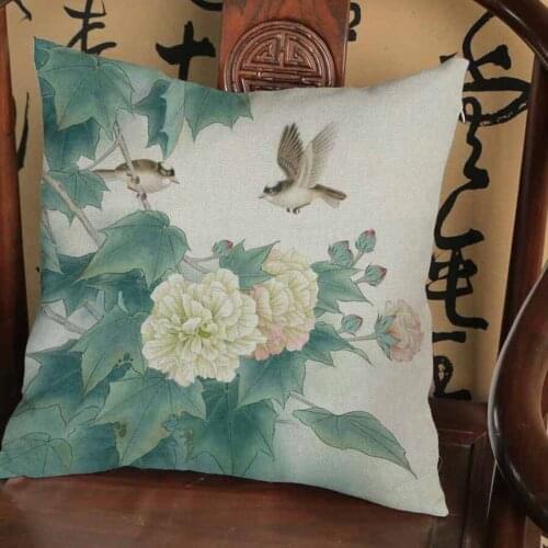 Chinese Style Famous Vintage Ink Painting Flower Bird Cushion Throw Pillows Cotton Linen Home Decoration Sofa Chair Pillowcase
