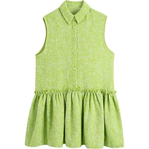 ZA short textured dress Women sleeveless collared shirt mini dress 2021 Female Green Casual ruffled hem buttons chic short robe