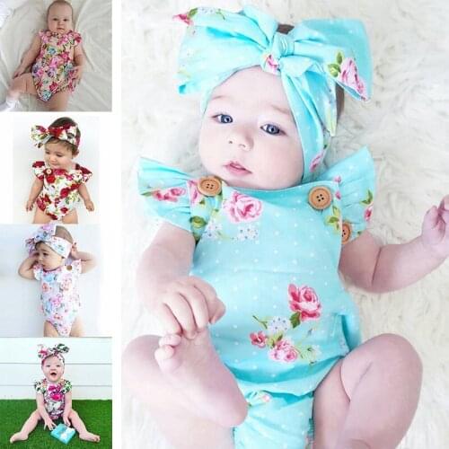 2020 Cute Floral Romper 2pcs Baby Girls Clothes Jumpsuit Romper+Headband 0-24Mths Ifant Toddler Newborn Outfits Set Hot Sale