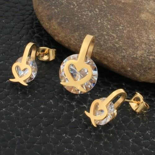 Fashion Round Style Stainless Steel Jewelry Sets For Women And Girl Gold Color Pendants And Earrings SDNZATCA