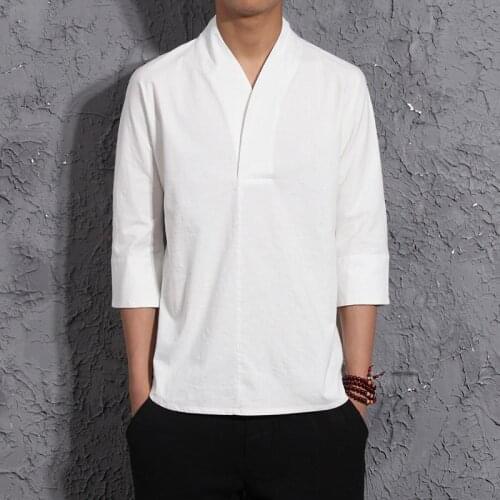 Mens Autumn Three Quarter Sleeve Linen T-shirt Chinese Style Retro Loose Half Sleeve Cotton Linen Short Sleeve Top