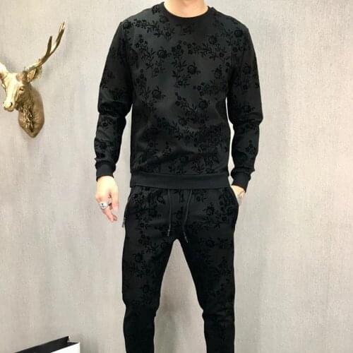Hombre Completo Chandal 2020 Black Mens Set Casual Flower Printed Mens Tracksuit 2 Piece Set Sweatshirt And Pants Suits Sets