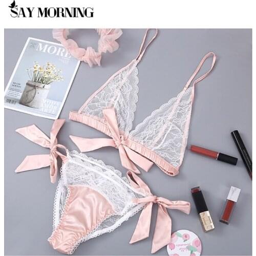 SAY MORNING New 2021Underwear Set Women Sexy Ultra-thin Lace Bra Panty Set with Leg Loops Bow Tie Transparent Lingerie