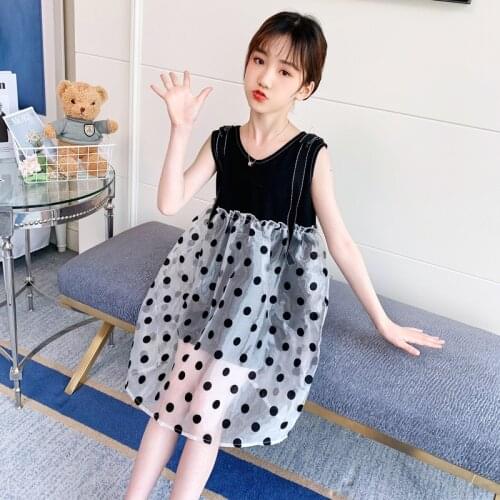 Girls Dress Summer Sleeveless Kids Dresses for Girl Elegant Dot Princess Dress Teenage Childrens Clothing 6 8 10 12 14 16 Yrs