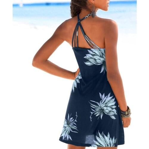 Summer Women Flower Print Halter Neck Swimsuit Cover Dress Female Sleeveless Tank Dress Sea Side Beach Holiday Boho Mini Dress