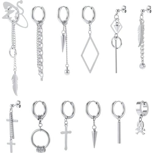ZS 12PCS/lot Punk Earrings Stainless Steel Hoop Earrings for Men Hip Hop Earring Cross Jewelry Korean Ear Piercing Accessories
