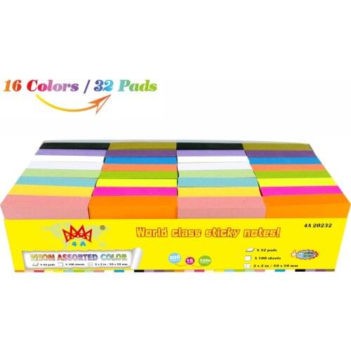 4A Sticky Notes,2 x 2 Inches,Small Size,Neon Assorted,16 Colors,Self-Stick Notes,100 Sheets/Pad,32 Pads/Pack,4A 20232