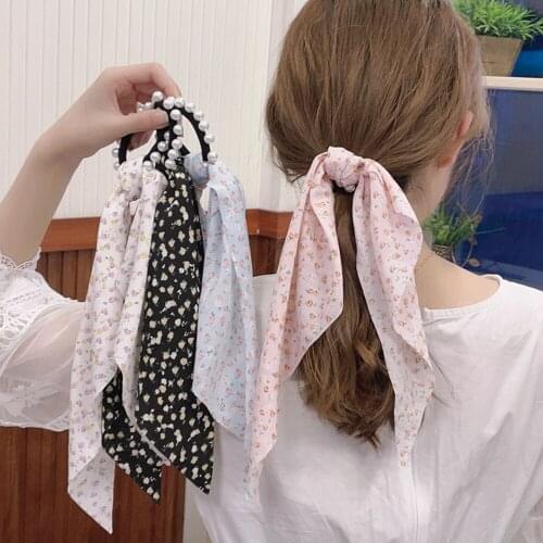 Women Pearl Bohemian Bow Satin Ribbon Elastic Hair Bands Sweet Girls Scrunchies Hair Ties Ropes Ponytail Holder Hair Accessories