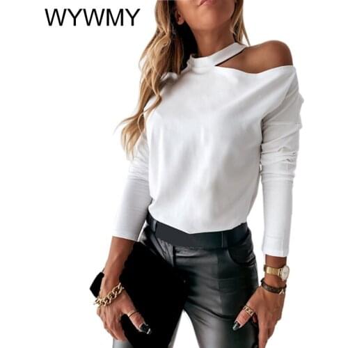 WYWMY Sexy Women Solid Color Slim T-Shirts Hollow Out Design Off Shoulder O-Neck Long Sleeve Casual Pullovers Tops Tee For Women