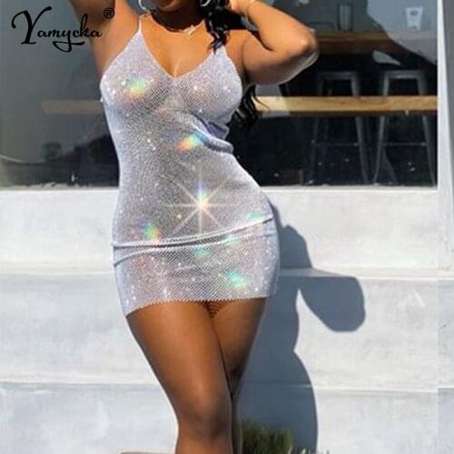Sexy See through glitter Fishnet Rhinestone Summer dress women y2k beach Night club party bodycon dress ladies dresses vestidos