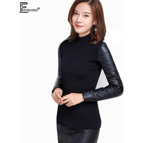 Winter Basic Pullovers Sweaters Hot Women Fashion Long Sleeve Slim Elegant Lady Patchwork Faux Leather Black Top Knitted Sweater