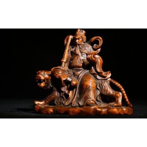 5" China Lucky Old Boxwood Hand-carved Wu Caishen Guan Gong Statue Guan Yu Riding a tiger take Ingots Office Ornaments