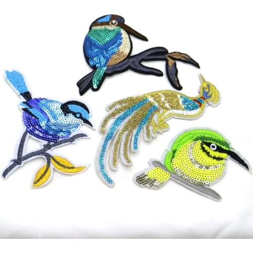 5pc/lot Fashion birds sequins embroidery Patches for clothes DIY colorful iron on cute parches applique for clothes