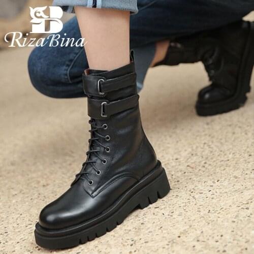 RIZABINA Real Leather Women Shoes Ankle Boots Platform Winter Warm Lace Up Outdoor Cool Ins Fashion Ladies Footwear Size 34-39