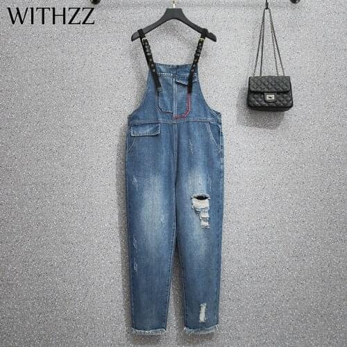 WITHZZ Spring Autumn Womans High Waist Loose Inelastic Hole Ripped Denim Overalls Jeans