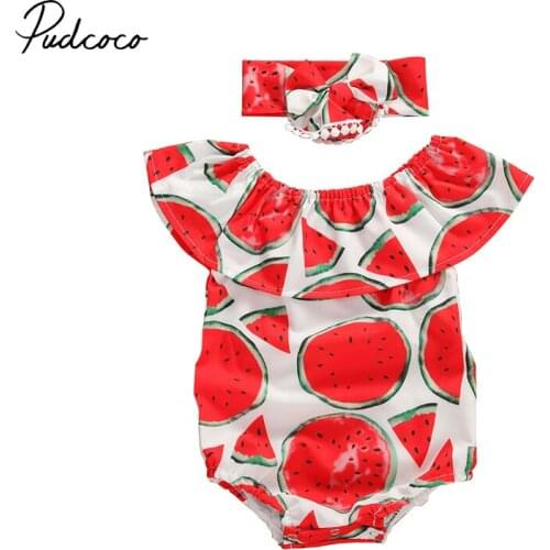 2020 0-24M Summer Baby Girls Sweet Watermelon Print Romper Short Sleeve Ruffle Jumpsuit With Headband Playsuit 2pcs