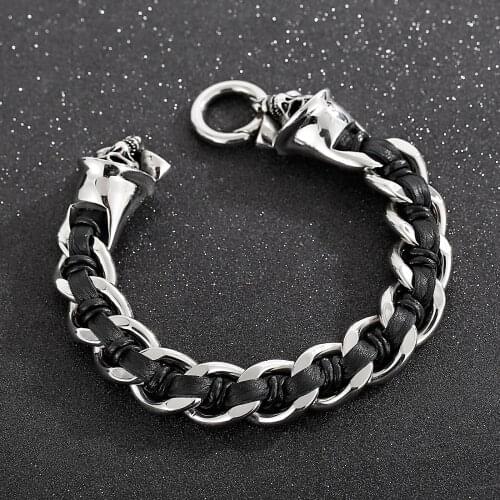 HaoYi 316 Stainless Steel Double Skull Leather Braided Punk Style Mens 240MM Heavy Duty Bracelet