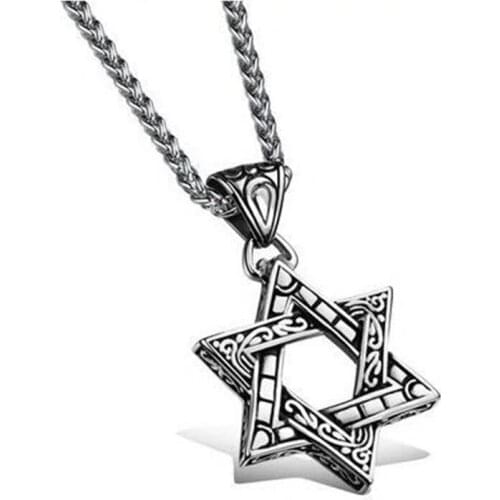 Vintage Star of David Hexagram Pendant Mens Necklace Retro Hip Hop Punk Necklaces 24Inch Chain Male Jewelry Gift
