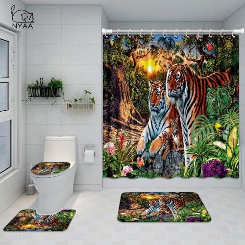 NYAA 4 Pcs/Set Elephant,Tiger,Flamingo, Lion Shower Curtain Bath Rug Set Toilet Cover Bath Mat Set Bathroom Accessories Curtains