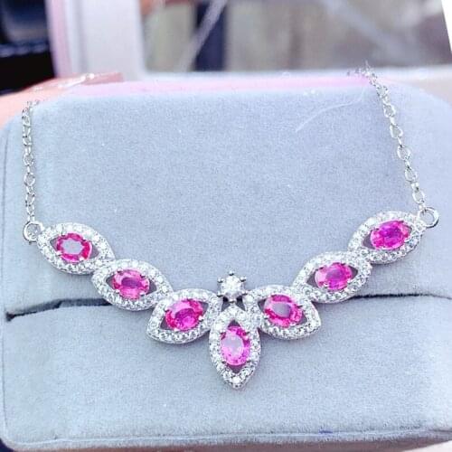 Natural real blue or pink sapphire plant necklace with pendant 0.3ct*7pcs gemstone 925 sterling silver Fine jewelry J216125