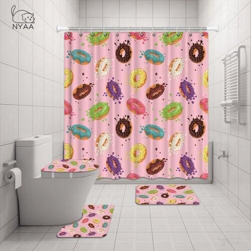 Donuts With Pink Icing Bath Shower Curtain Polyester Waterproof Bathroom Curtain Carpet Rugs Set Non-slip Kitchen/Bath Mat