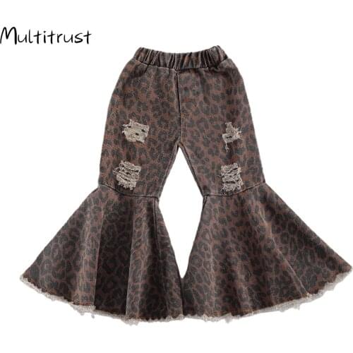 Toddler Girls Flare Pants Stylish Leopard Printed Bell Bottoms Denim Ripped Pants Spring Fall Clothing Outfits 1-6Years
