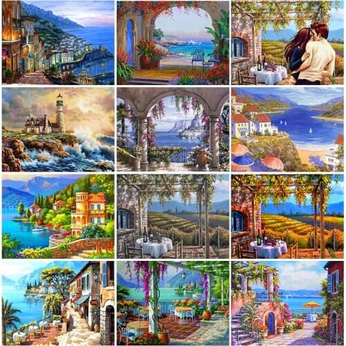 Sale 5D Diamond Painting landscape cross stitch Diy Diamond embroidery Seaside Town Trees Rhinestone mosaic Picture home decor