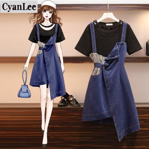 Plus Size 2 Piece Set Women Outfits Summer Loose Irregular Denim Spaghetti Strap Dress+O-neck Short Sleeve T-Shirt 2 Pcs Sets