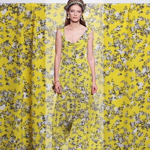 18momme Yellow Roses Printed Silk Crepe De Chine Fabric 100%Silk Materials Women Dress Sewing Cloth Freeshipping