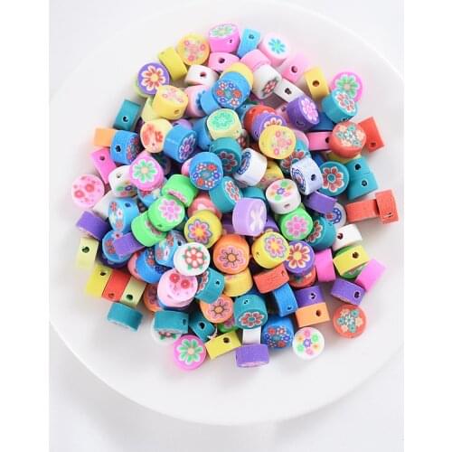 Mixed 50/100Pcs Cute Cartoons Round Shape Flower Pattern Polymer Clay Loose Spacer Beads DIY Necklace Bracelet Jewelry Finding